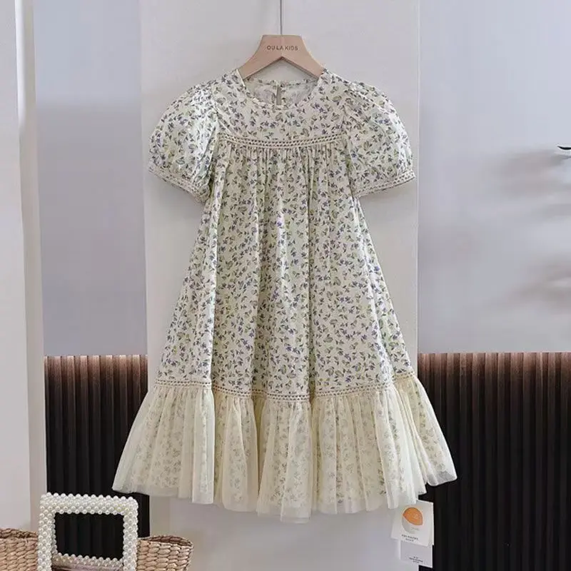 

2025 New Summer Children Clothes Short Sleeve Lace Loose Elegant Dress Retro Printed Princess Dress For 4-14Yrs Teenager Girls