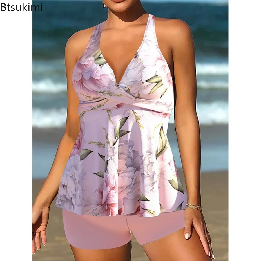 Women's Premium Summer Vacation Swimwear Blockbuster Leaf Print Top and Halter Beach Swimwear Loose Belly Covering Swimsuit Sets