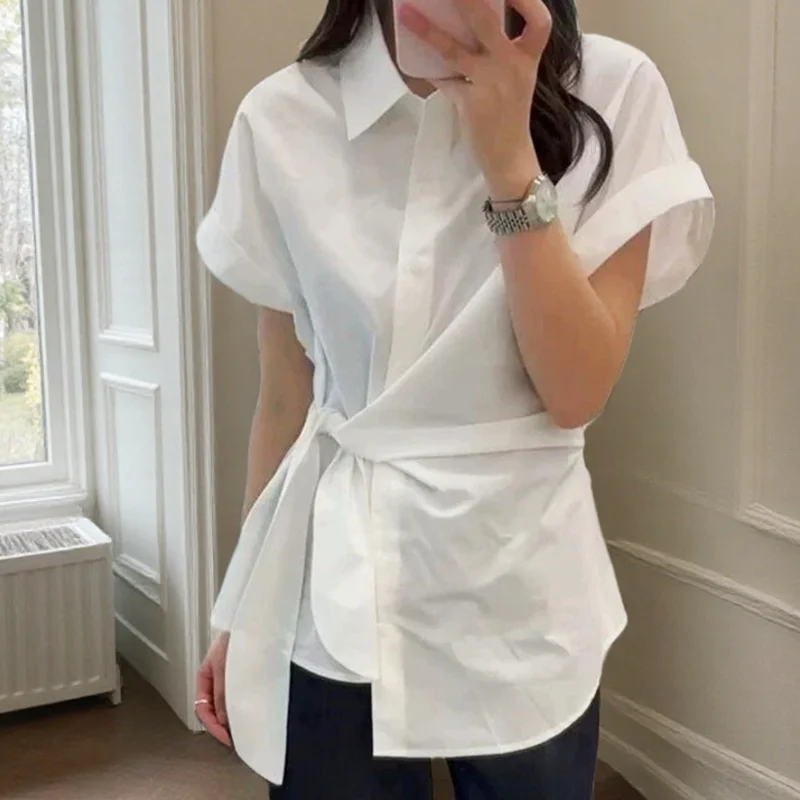 

Женская рубашка Yapher с короткими рукавами и поясом, блузка с отложным воротником и асимметричным подолом, дышащая хлопковая повседневная офисная рубашка