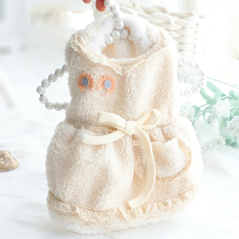 

Winter Beige Gray Puppy Dog's Coat Clothing Fashion Cotton Plush Princess Dress With Scarf For Small Medium Dog Pet Clothes 2024