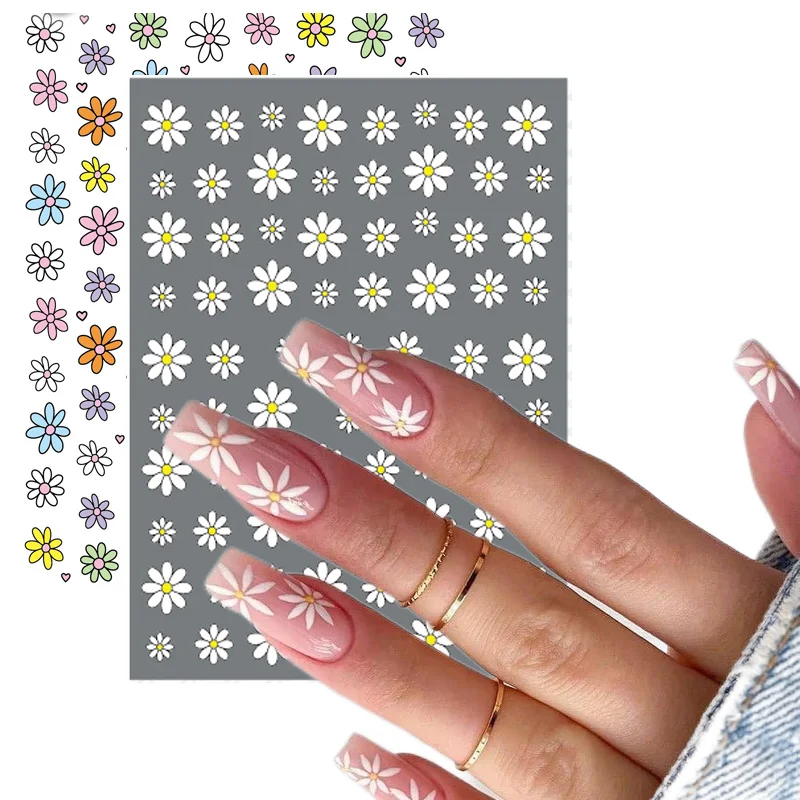 

3D Back Glue Nail Stickers Daisy Simple White Nail Manicur Spring Floral Adhesive Transfer Decals Slider Nail Art Decoration