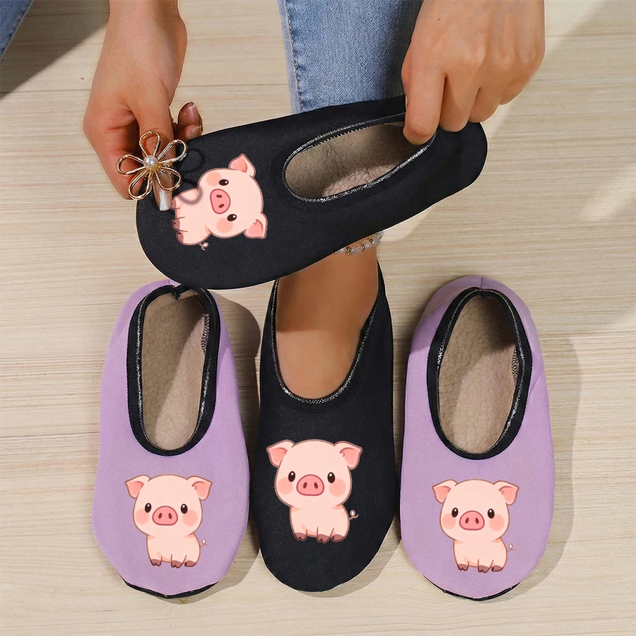 

Four season wearable couple cute piglet print with thin velvet lining, breathable, high elasticity, anti slip floor slippers