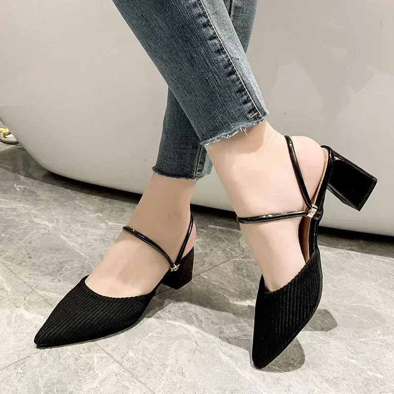 2024 New Summer Sandalias De Mujer Casual Pointed Toe Thick High Heel Two-wear Mules Slippers Solid Color Half Slides Shoes