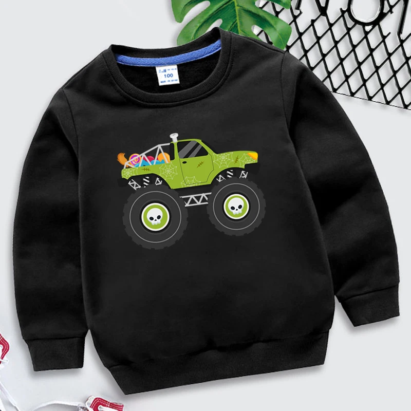 Spring Autumn Kids Halloween Monster Truck Sweatshirts Trendy Cartoon Style Tracksuit for Boys Girls Round Neck Halloween Hoodie