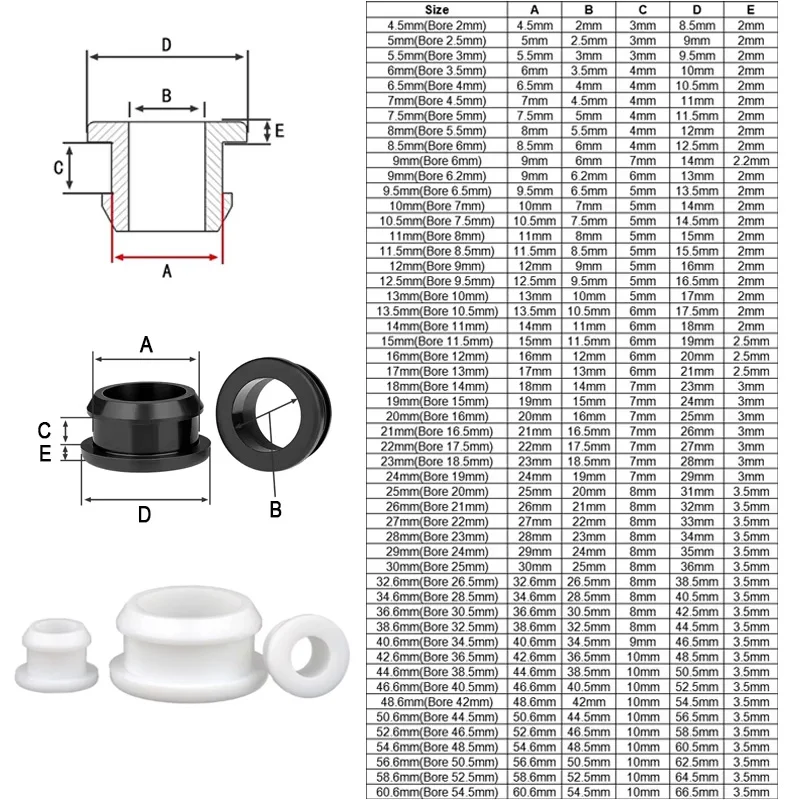 4.5mm-60.6mm Black White Silicone Rubber Grommet Snap-on Hole Plug Wire Cable Protector Bushing Rubber Wiring Gaskets