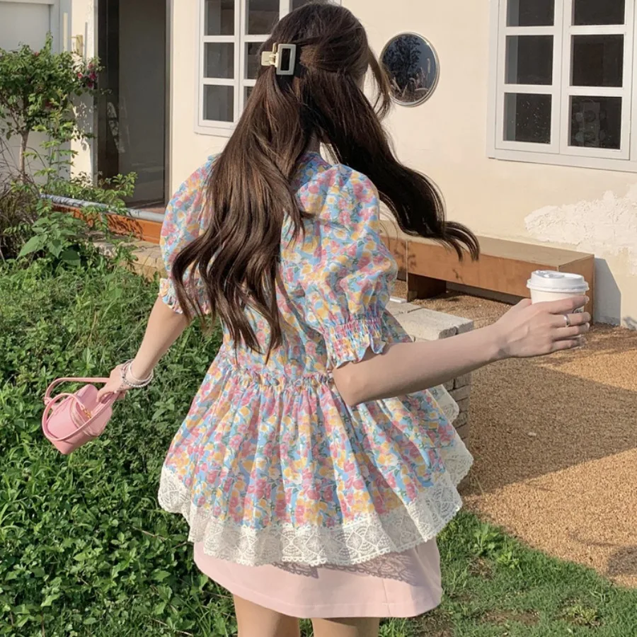 Dulce estampado Floral Bubble Sve irt mujer suelta Fit Princ Sle ort Sve redondo Ne Top coreano principios de primavera Faion