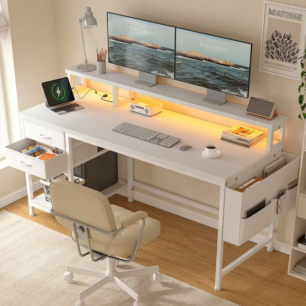 48 Gaming Desk With Power Outlets LED Strip And Monitor Stand Computer Desk With Drawers Storage Bag For Small Space,White