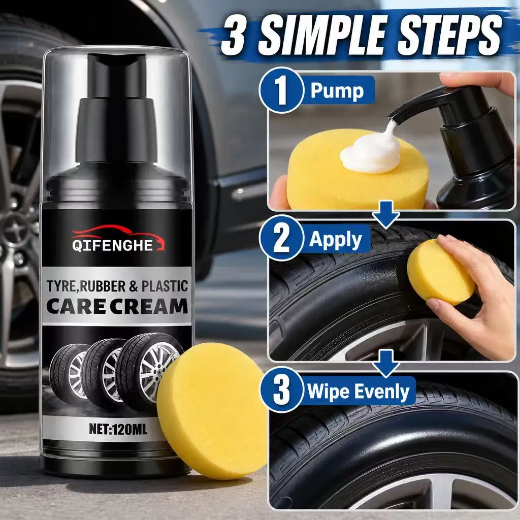 Tyre Rubber Plastic Care Cream 120ml Car Tire Shine Auto Trim Restorer Polish Sponge