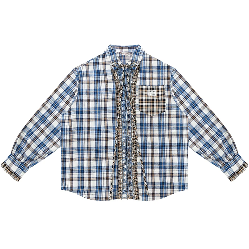 2025 Autumn Winter New Blue And White Plaid Ruffled Women's Shirt American Retro Design Sweet Cute Long Sleeve Shirts Ladies