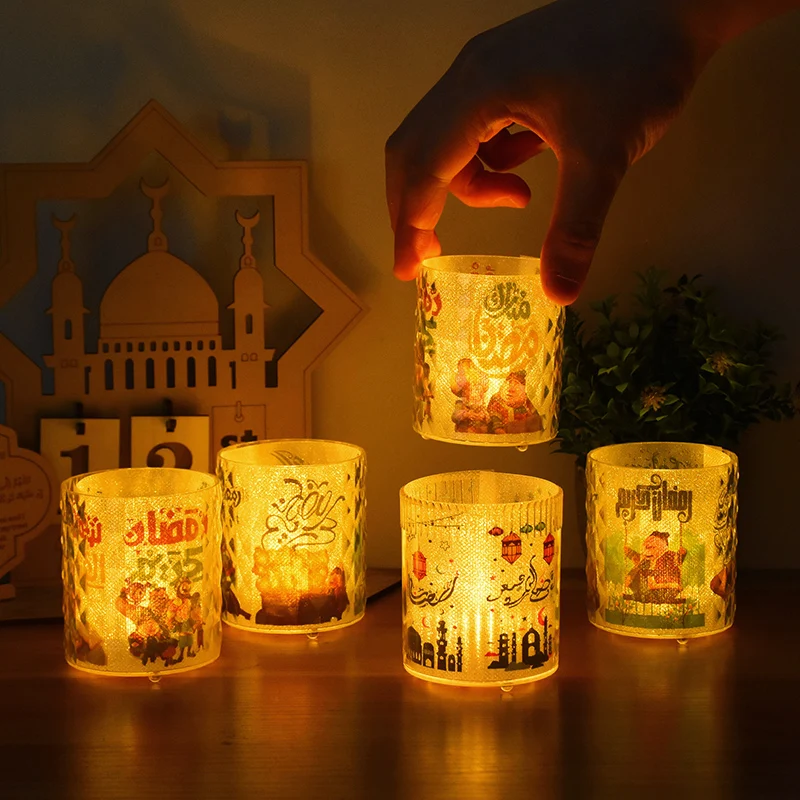 Eid Al-fitr Cup Candle Lamp LED Night Light Eid Mubarak Islamic Muslim Home Desktop Ornament Ramadan Kareem Festive Party Supply