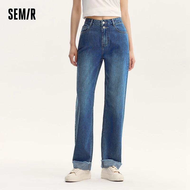 Semir Jeans Women Rolled Hem Cotton Straight Leg Jeans 2024 Autumn New Cool and Edgy Frayed Long Pants