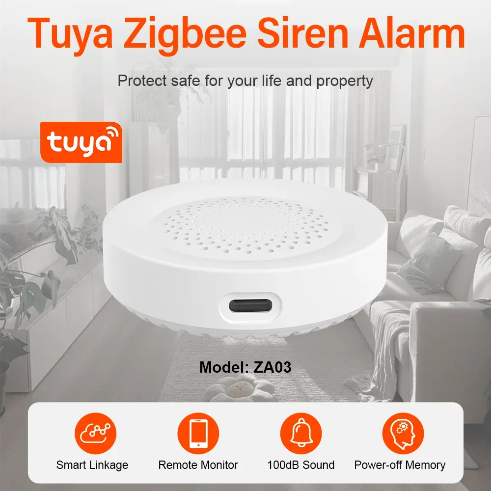 Tuya ZigBee สัญญาณเตือนไซเรนสำหรับการรักษาความปลอดภัยบ้านอัจฉริยะลำโพง100dB ทำงานร่วมกับ Alexa andex Yalice จำเป็นต้องใช้ศูนย์ ZigBee Tuya