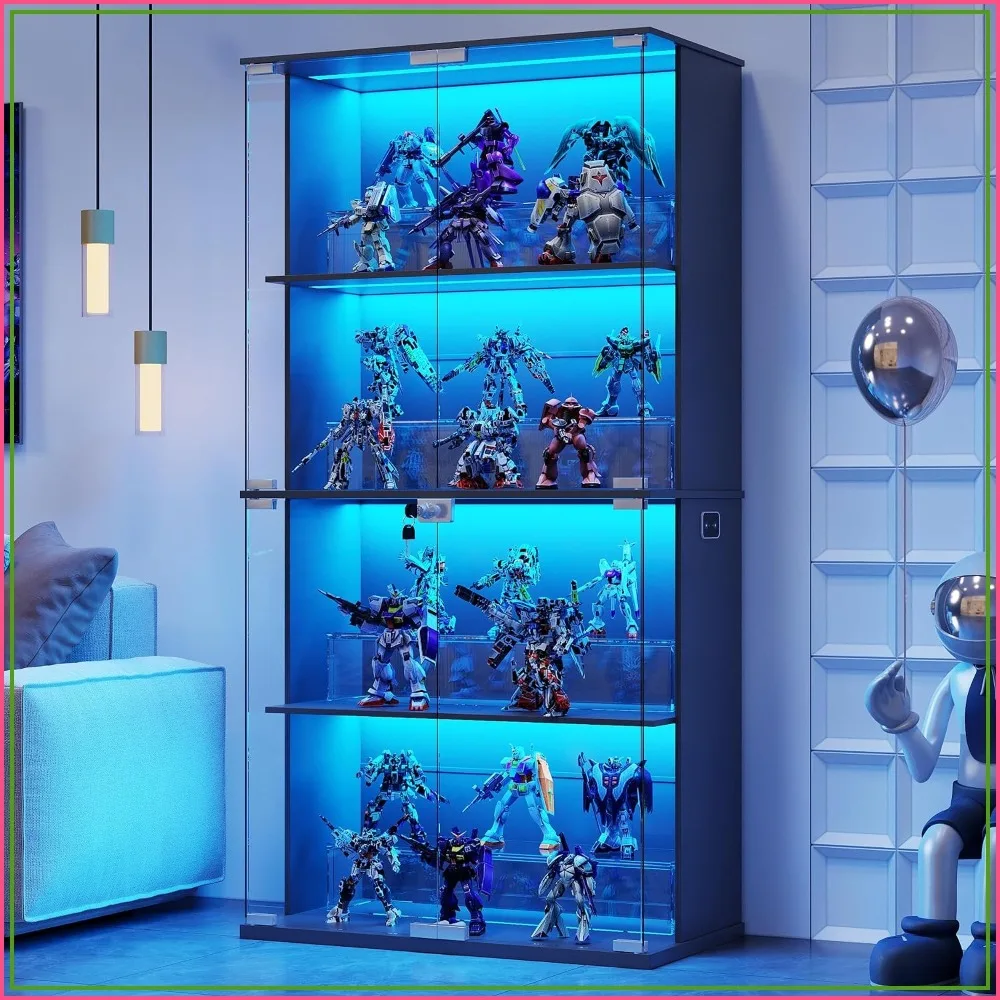 Glass Display Cabinet with 3 Color Lights for Collectibles, Black