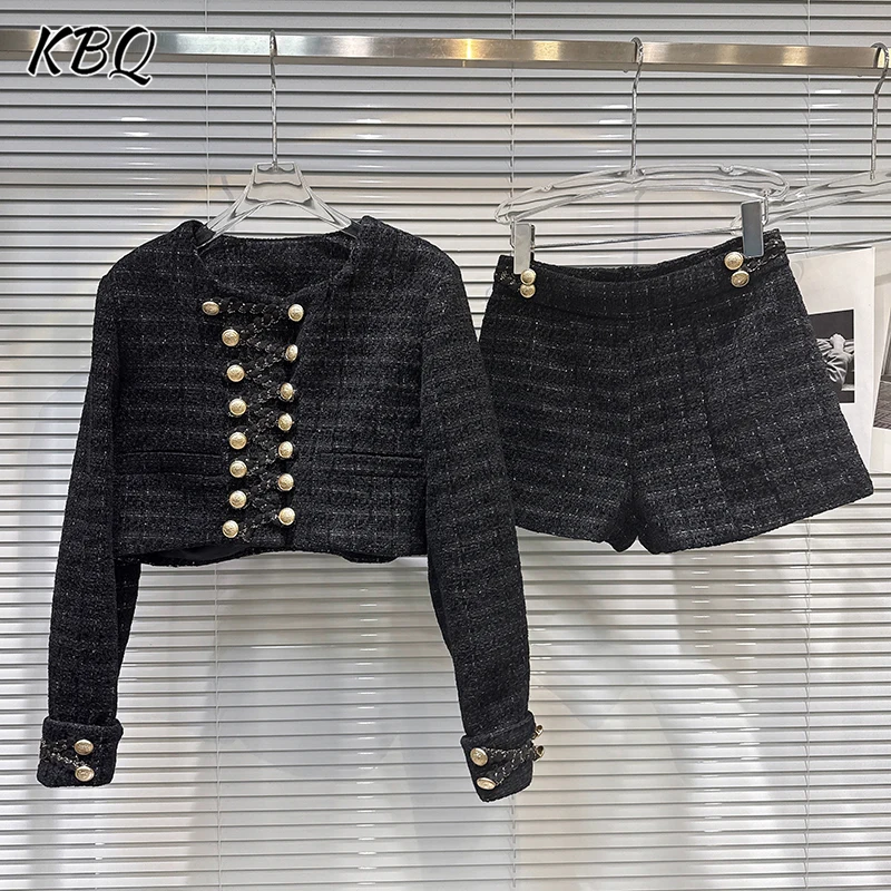 

KBQ Elegant Solid Slimming Two Piece Sets For Women Round Neck Long Sleeve Top High Waist Shorts Chic Set Female Fashion Style