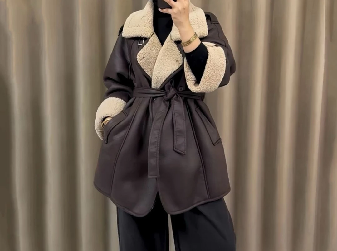 

Thick and Warm Mid Length Coat for Women's Winter Design Temperament and Lapel Tie Coat