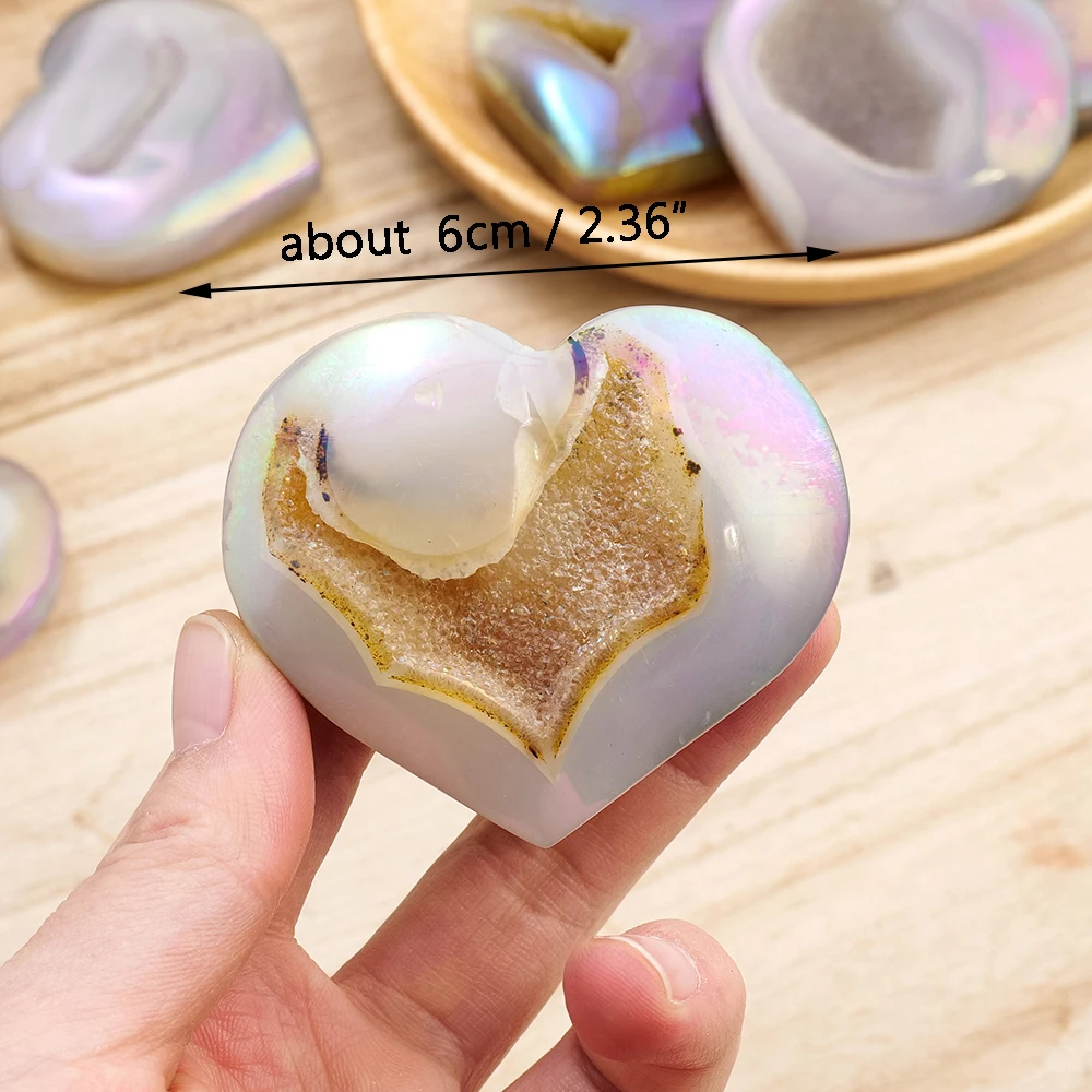 1PC Natural Crystal Electroplate Agate Heart Shape Reiki Druzy Crystal Geode Healing Stone Colorful Love Carved Stone Home Decor