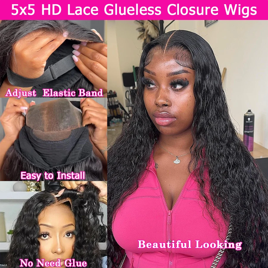 34In موجة طبيعية غلويليس الباروكات قبل قطع 5x5 HD الدانتيل إغلاق الباروكات شعر الإنسان Skinlike HD الدانتيل مجعد الباروكات قبل ابيض للنساء