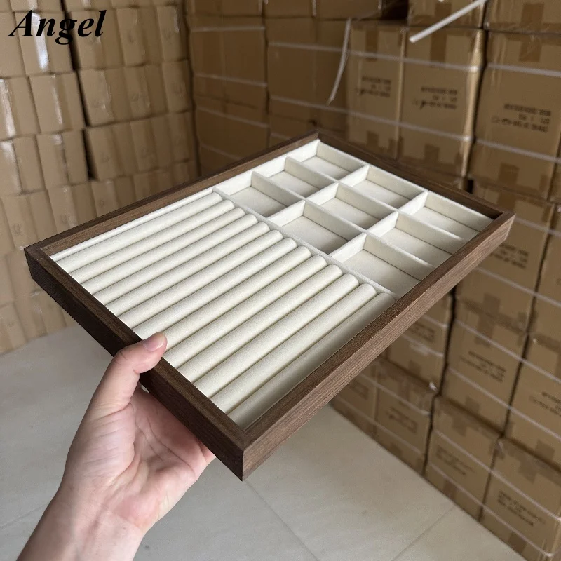 

Деревянный лоток для демонстрации ювелирных изделий с несколькими отделениями, бархатная подкладка, держатель для хранения сережек с плоским дном, экономия места, штабелируемая