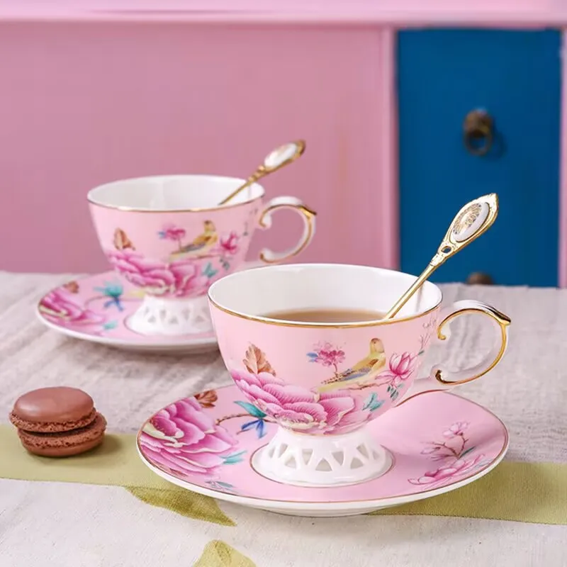 

New Chinese-style coffee cup and saucer set, high-end with spoon, bone china, cute pink, afternoon tea cups, high-grade ceramic