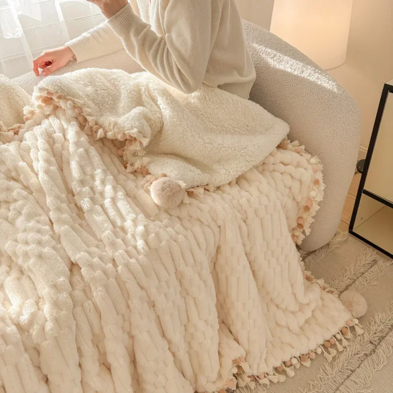 Milk Flannel Tassel Wool Ball Lace Blanket Super Soft Bedroom Sofa Blanket for Napping Thick Warm Comforter for Autumn Winter