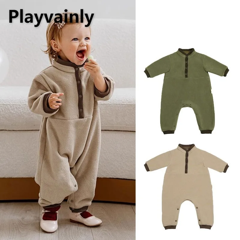 بدلة قفز للأطفال للجنسين 2025 جديد لخريف وشتاء للأولاد والبنات باللون الأخضر والبيج من الصوف ملابس دافئة ناعمة ومريحة للرضع A5294 #1