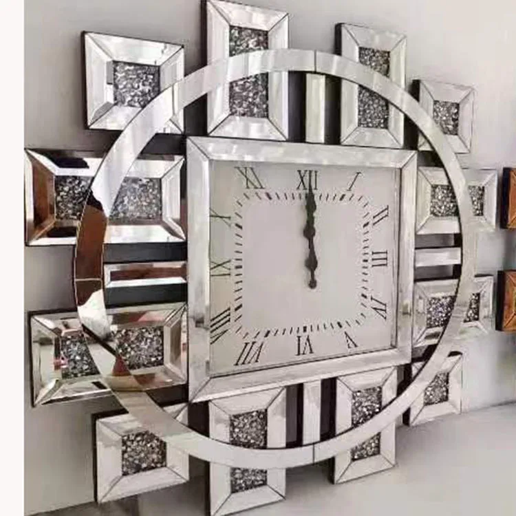 Factory Direct 2026 titanium gold foreign trade creative wall clock decoration wall clock mirror glass rhinestone