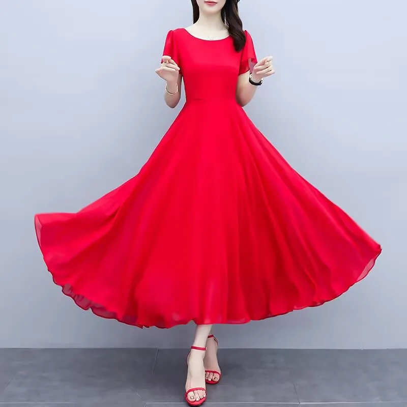 

2024 The New Fashion Green Elegant Chiffon Beach Dress Women Summer Solid Butterfly Sleeve O Neck Big Swing Party Dresses