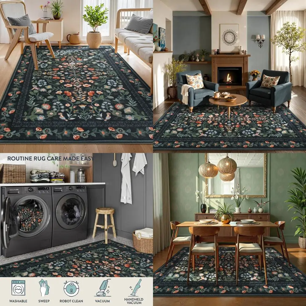 

Elegant Vintage Botanical Area Rugs, 9x12 for Living Spaces, Non-Slip, Stain-Resistant, Washable, Ultra-Thin Soft Carpets for Di