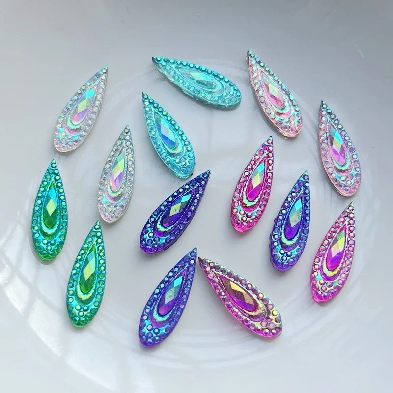 60pcs 6 * 20mm Shiny Water Drop AB Resin Water Diamond Peacock Eye Flat Back DIY Wedding Decal Decoration nail art decorations