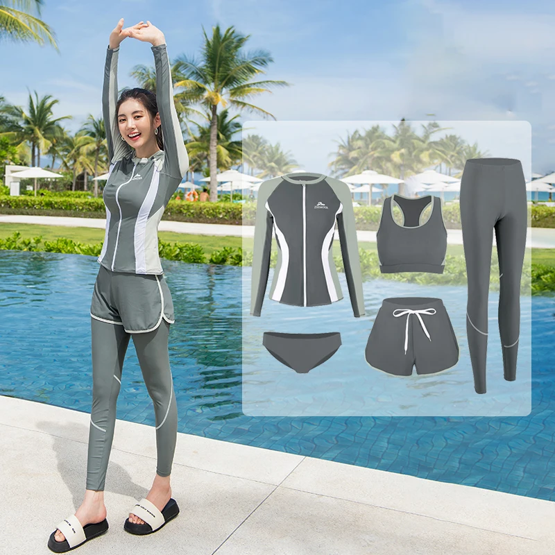 Long Sleeve Rash Guard Women Patchwork 5 Pieces Swimsuit Swimwear Bathing Suit Pad Zipper Surfing Long Pant Couple Men 3 Pieces