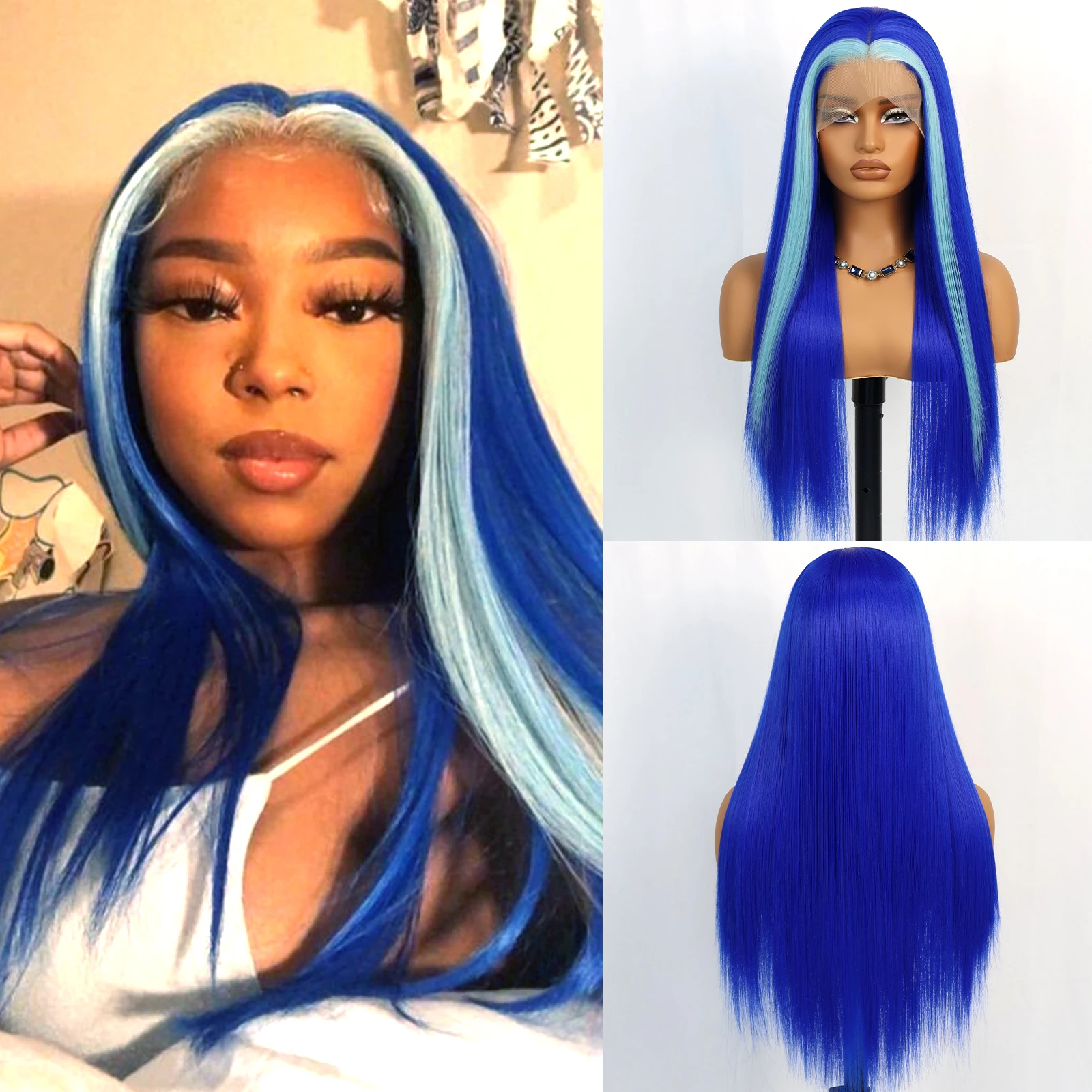 

Aubree Hair 13*4 Lace Front Synthetic Wig For Women Daily Use And Party Long Straight 28 inches Blue Color Heat Resistant Wig