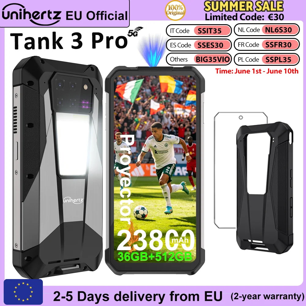 Smartphone Unihertz 8849 Tank 3 Pro 5G avec projecteur 100 lumens, Android 14, 36 Go + 512 Go, batterie 23800 mAh, étanche, WIFI 6, 120 Hz
