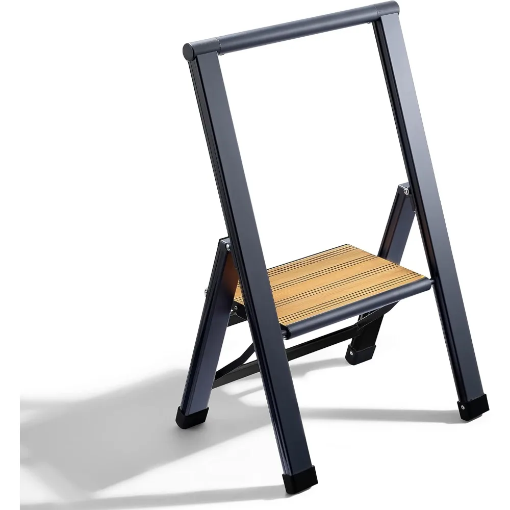 

Step Ladder 1 step folding, decorative - Beautiful Bamboo & Black Aluminum, Ultra Slim Profile, Anti Slip Steps