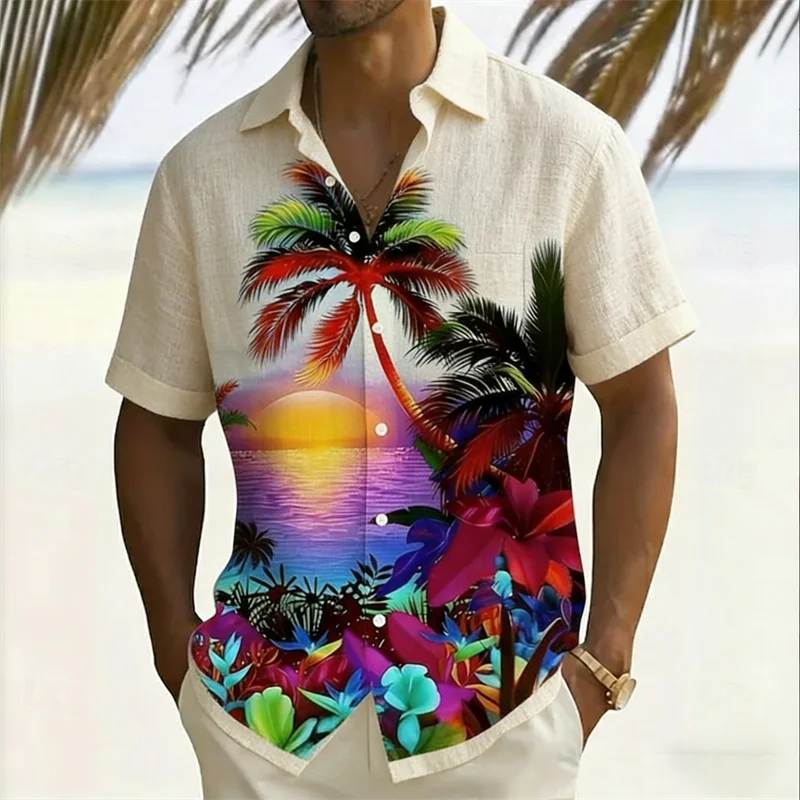 

Новая ретро-рубашка из льна с коротким рукавом для мужчин с 3D-принтом кокосовой пальмы на воротнике