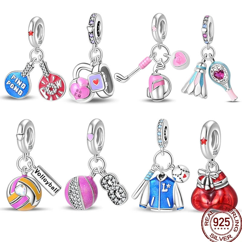 

925 Silver Sports Football Golf Fitness Series Charm Suitable Original 3mm Bracelet Women Jewelry DIY Bead Personalized Creation
