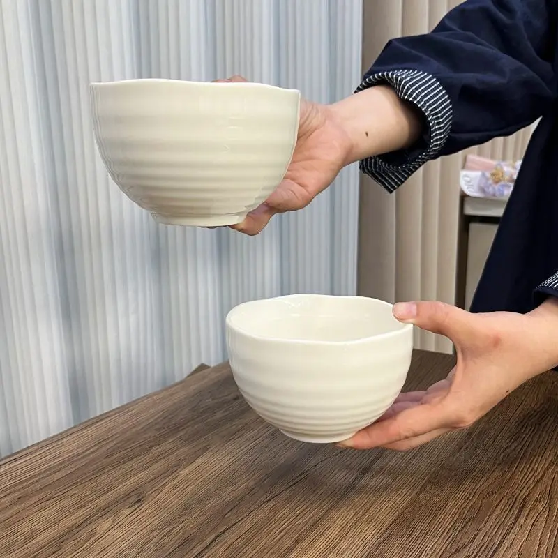 White Porcelain Threaded Deep Bowls, 4.6-inch Ceramic Rice Bowl, High Aesthetic Underglaze Color Salad Bowl,Kitchen Utensils Set
