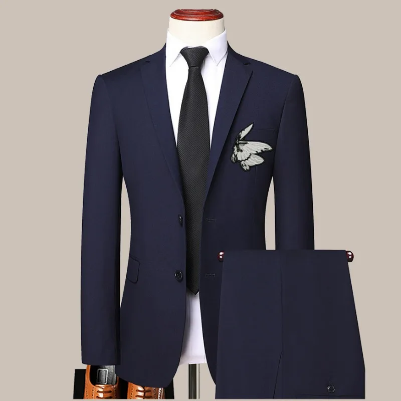 KIDWHXR 2-piece Outfit Men Butterfly Embroidery Single-breasted Blazer Male Straight-leg Pant Man Slim Wedding Casual Suit Set