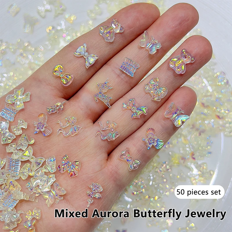 50PCS Auroras Clear Resin Bow Heart Nail Art Charms Cute Bear Butterfly Glitter Nails Decoration Supplies Jewelry Accessories