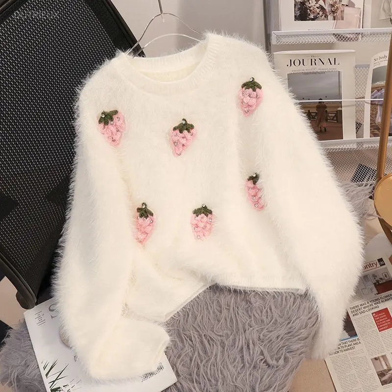 Sweet Jumper 3D Strawberry Pullovers For Women Sueter Mujer O-neck Casual Fashion Knitted Sweater Pull Femme Fall Winter Clothes