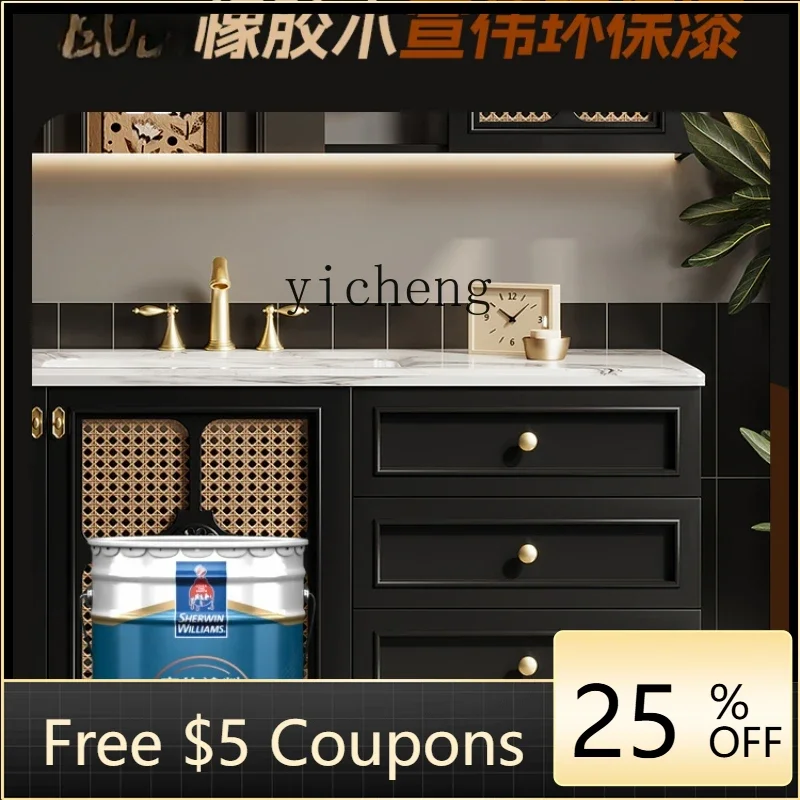 

YFY Oak Bathroom Cabinet Stone Plate Hot Bending Whole Washbin Combination French Retro Hand Washing Washbasin