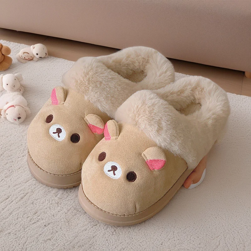 

Cartoon Rilakkuma Cotton Furry Plush Slippers For Women Cute Bear Indoor Anti Slip Warm Winter Home Bedroom Gift Christmas Cozy