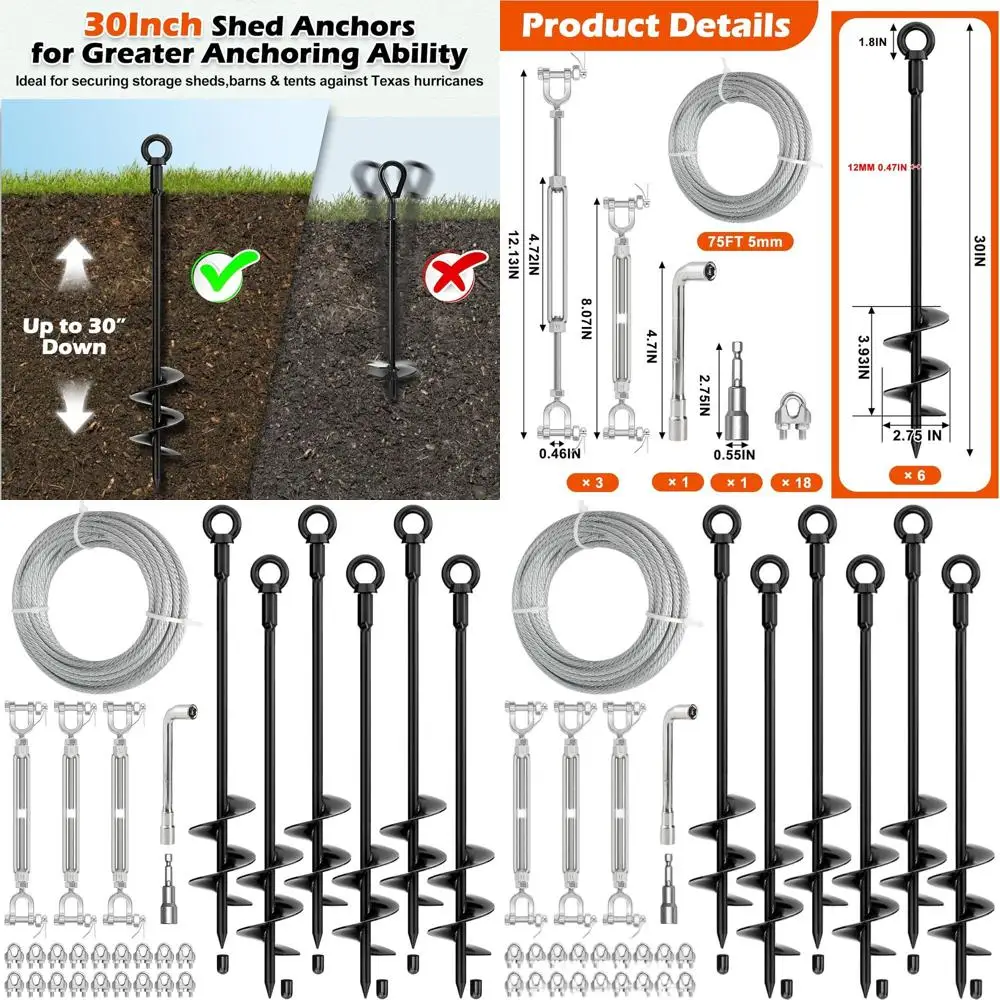 

Комплект 30-дюймовых наземных анкеров для навесов с оцинкованным тросом 3/16 дюйма, 75 футов и талрепами M6 из нержавеющей стали 304, сверхмощные земляные анкеры