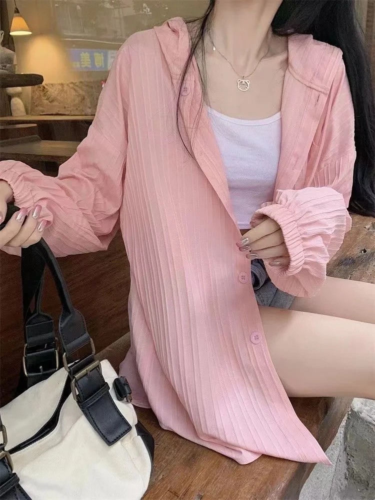 Women's Solid Oversize Hooded Sun Proof Shirts Korean Fashion Casual Long Sleeve Pocket Blouse Summer Loose Coats Tops Female