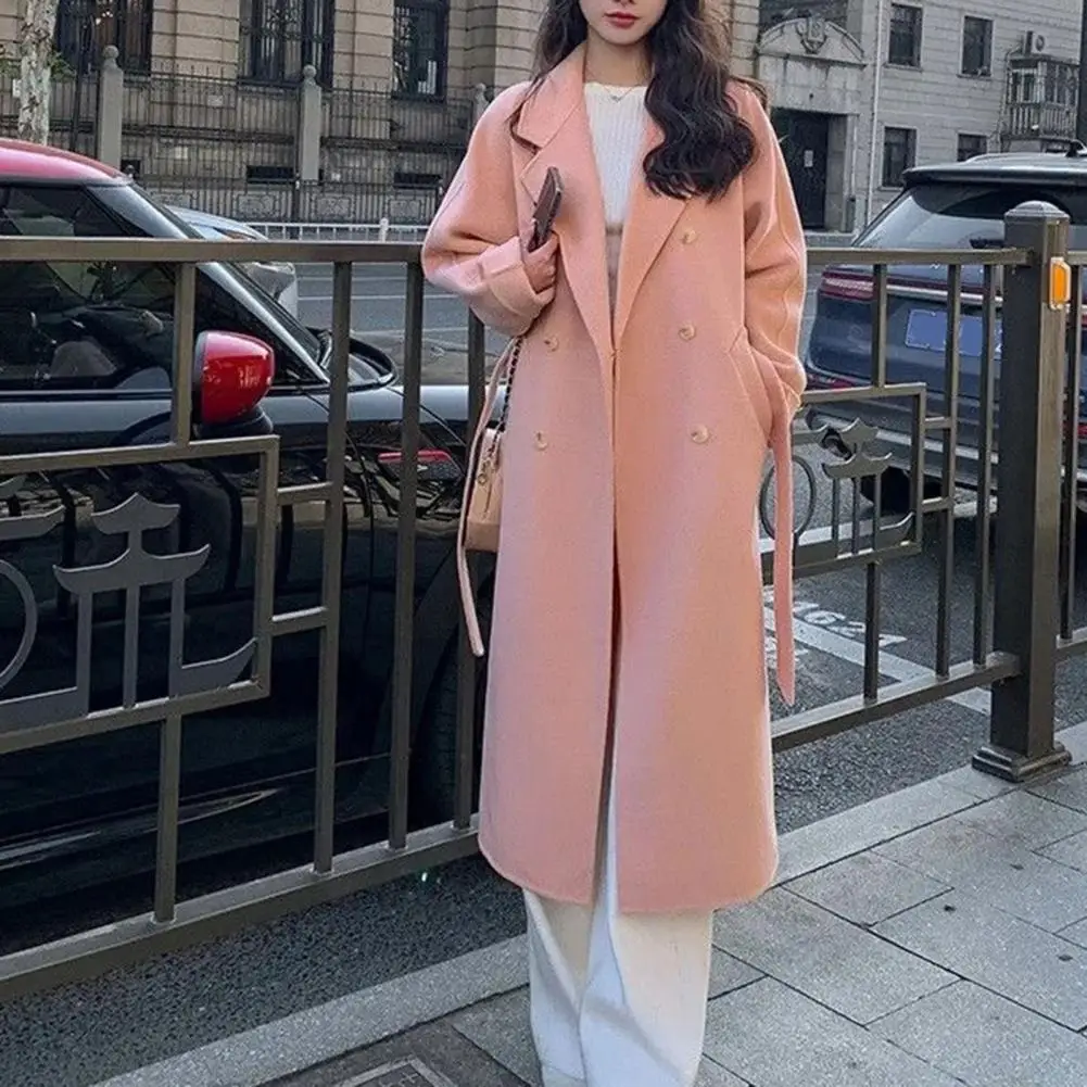 

Women Mid-length Coat Stylish Double-breasted Women's Overcoat for Fall Winter with Thickened Loose Fit Turn-down Collar Solid