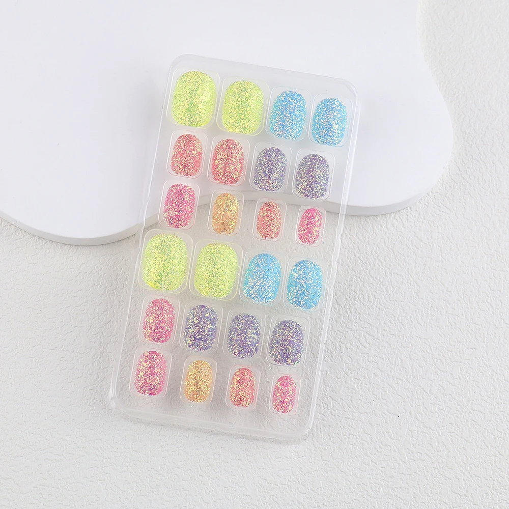 24 Pcs Holographic False Nail Art Tips Pre-glue Sparkling Glitter Kids Press on Nails Short Oval Full Cover Fake Nails for Girl