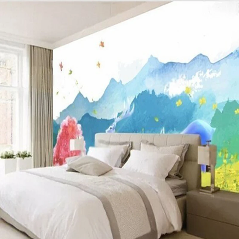 Modern and beautiful grassland flowers mushrooms trees deer children's TV luxurious home decoration bedroom background wall