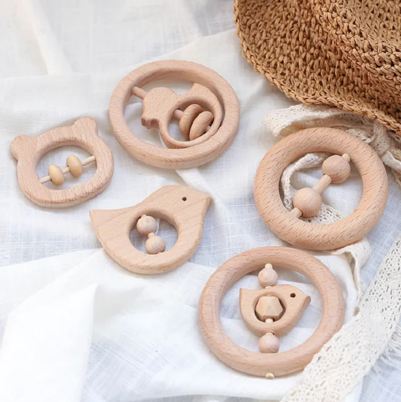 아기 너도밤나무 나무 딸랑이 치발기 장난감, 귀여운 동물 나무 반지, 몬테소리 장난감, 유아 뮤지컬 딸랑이 치발기, 뉴노른 선물 장난감