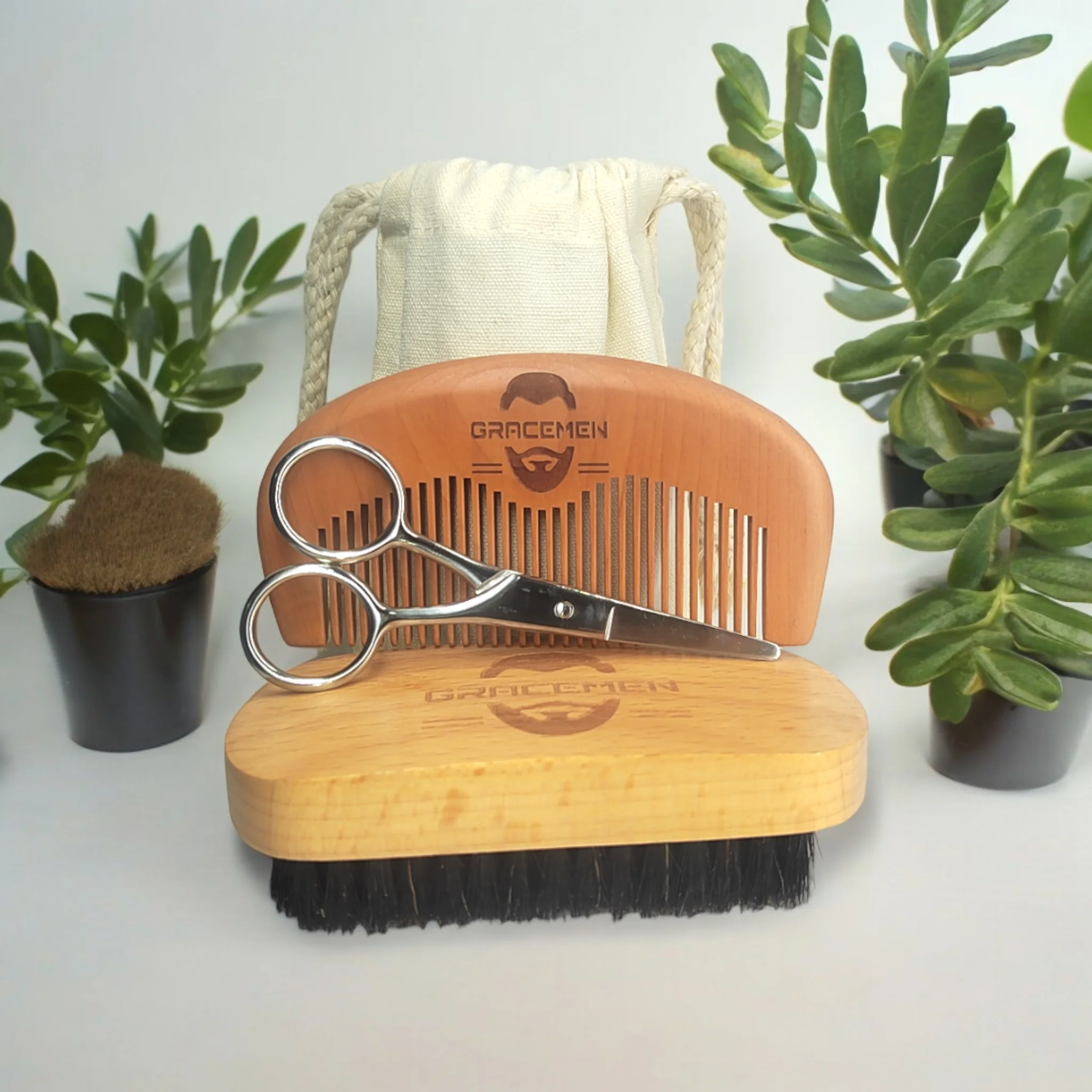 

Gracemen Beard Grooming Kit Beard Brush & Comb & Scissors Set for Men With Bag - Brush & Wood Comb Great Gift to Men