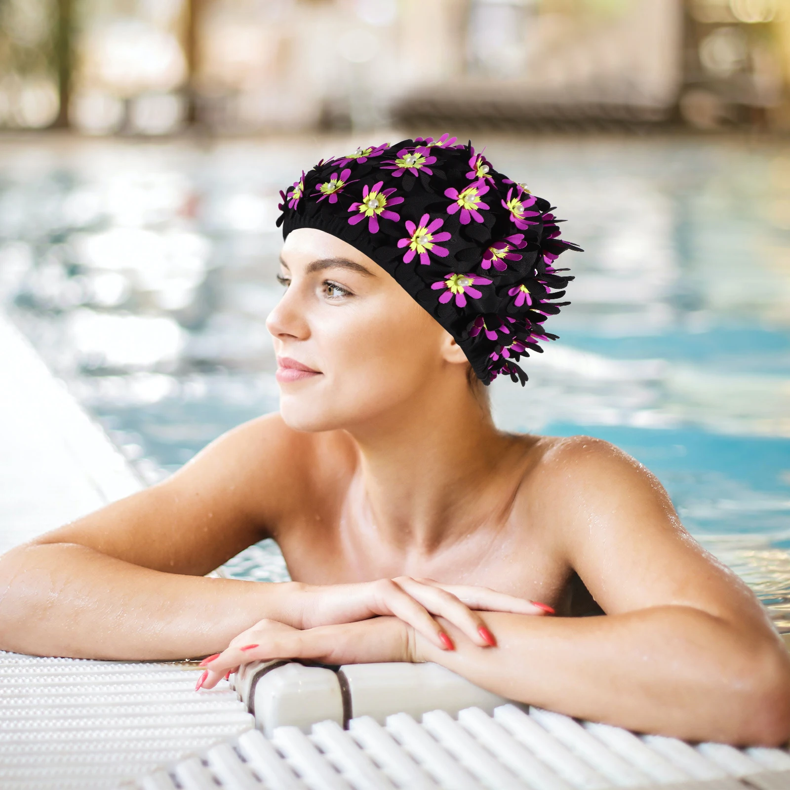 

Floral Swimming Cap for Women Double Layer Fabric Long Hair Bathing Caps Reusable Stylish Swim Accessories Pearl Design Comfort