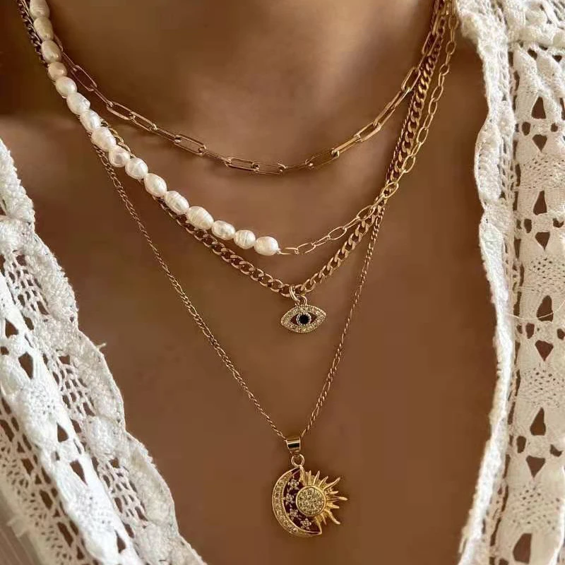 Turkish Evil Eye Palm Hamsa Hand Pendant Necklace For Women Vintage Gold Color Multilayer Chain Elegant Stacking Choker Jewelry view 3